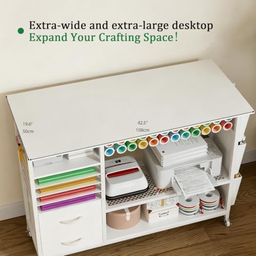 VENNQD Large Heat Press Table Stand, Rolling Heat Transfer Machine Desk Cart Drawers Compatible with Cricut Machines Vinyl Roll Holder DIY Organizer Crafting Table Workbench (White) - color: White