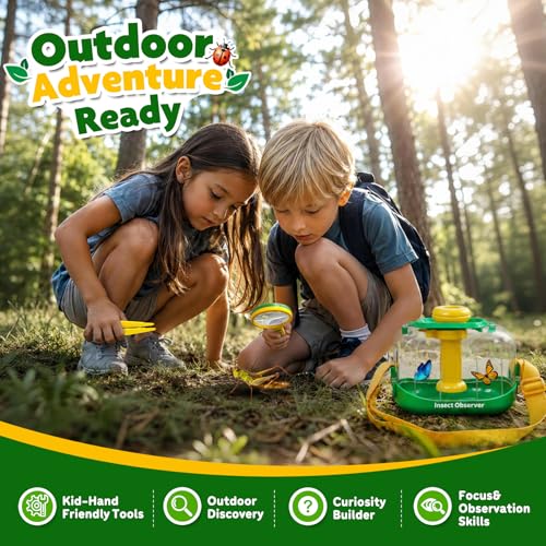 Bug Catcher Kit for Kids, Insect Observation Box Outdoor Explorer Toys, 360° Rotating Viewer with Magnifying Glass & Tweezers, STEM Nature Adventure Gift for Toddlers Boys Girls Age 3-6