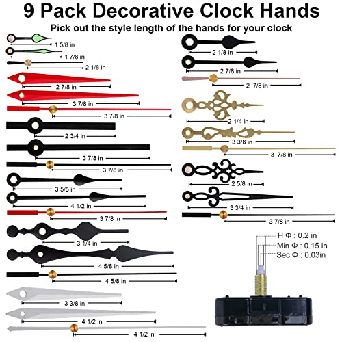 EMOON 6 Pieces Clock Mechanism Replacement Kit with 9 Pack Clock Hands, Silent Sweep Clock Motor Kit Battery Operated for Clock Repair DIY Replacement, Custom Clock - size: Total Shaft Length 5/8 in