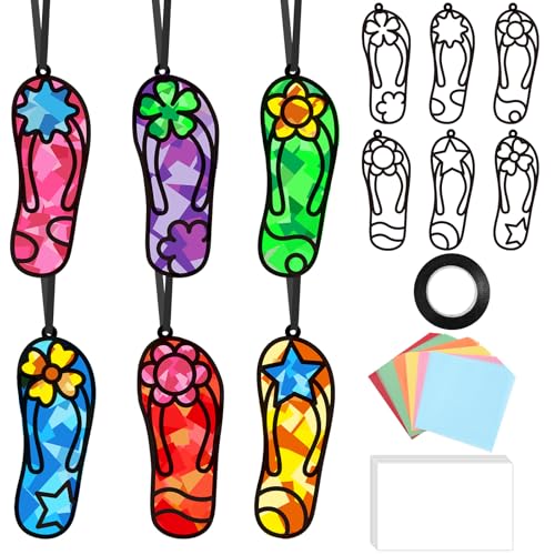 Qyeahkj 36 Set Flip Flops Suncatchers Craft for DIY Summer Tropical Luau Tissue Paper Craft Kit Hawaii Beach Slipper Stained Glass Window Ornaments Decoration for Home Art Project Party Favor Gift - style: Flip Flops