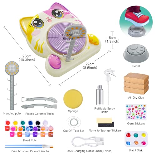 Roaxkois Pottery Wheel for Kids – Complete DIY Arts & Crafts Painting Kit with Air Dry Clay, Paints, Tools, Apron & Stickers – Creative Gift for Girls & Boys Ages 6 7 8 9 10 11 12+
