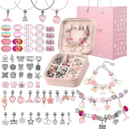 UFU Charm Bracelet Making Kit, Jewelry Making Kit Craft Gift for Girls 5 6 7 8-12, A Sweet Birthday Gift to Inspire Imagination & Creativity, with Portable Jewelry Box - color: B-Pink