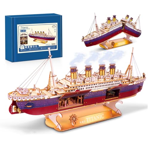 Vziimo Titanic 3D Puzzles for Adults, LED Titanic Metal Ship Model Building Kits for Home Desk Decor, 368 Pcs Wooden DIY Arts and Crafts Collection Gifts for Couples Women Teens 14 +