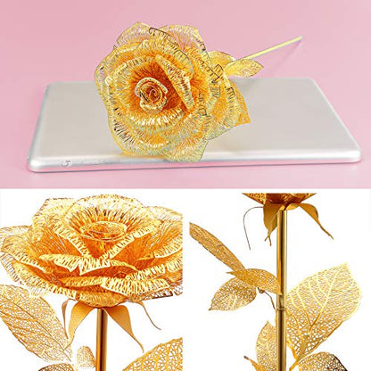 Piececool 3D Metal Puzzles Rose Flower Model Kits, Artificial Flowers Metal Building Blocks DIY 3D Puzzle for Adults, for Father Mothers Valentines Day, 15Pcs Gold - color: Golden