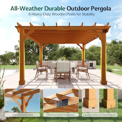 Jocisland 12x14 FT Premium Cedar Wood Pergola with Stakes & Trellis Roof - size: 12x14 FT