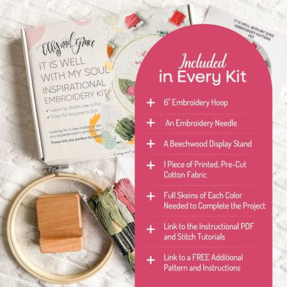Elly & Grace Christian Embroidery Kit with Embroidery Hoop, Easy Embroidery Kit for Beginners and Adults, Full Embroidery Hoop Kit with Needles and Thread Included (It is Well) - style: It is Well