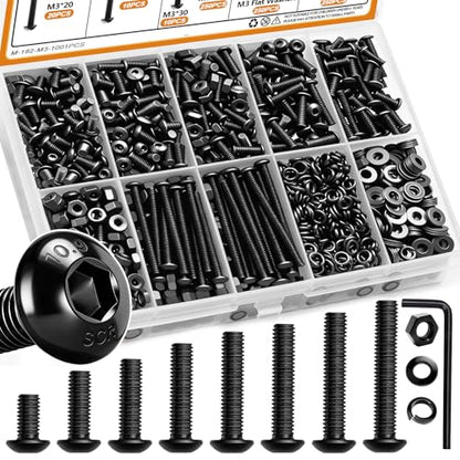 mankk 1001PCS M3 Screws,Hex Socket Button Head Bolt Assortment Kit M3 x 6/8/10/12/16/20/25/30mm Machine Screws with Nuts Washers 10.9 Alloy Steel Button Head Socket Cap Screws - size: M3, style: Button Head