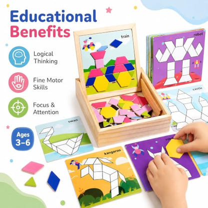 Magnetic Pattern Blocks Wooden Shape Puzzles for Kids Early STEM Learning