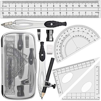 Akuoly Professional Geometry Compass Set, Starter Compass Set Includes 2 Drafting Compasses, Protractor, 2 Set Squares, Ruler in Storage Box, Back-to-School Math Supplies for Students, Black