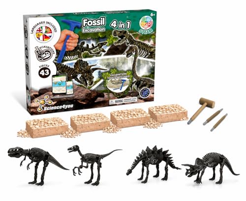 Science4you Dinosaur Fossil Excavation Kit 4 in 1 - Fossil Digging Kit for Kids, Build 4 Dinosaur Fossils, 46 Pieces, Archeology Set, Hunting Kit - Dinosaur Toys, Games for Boys and Girls Age 6+ - style: 4-in-1 fossil excavation