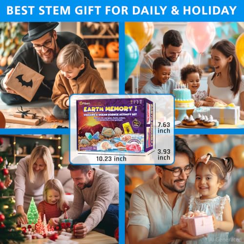 PIBEX Volcano & Ocean Dig Kit, 20+ Real Fossils, Rocks, Shells & Geode