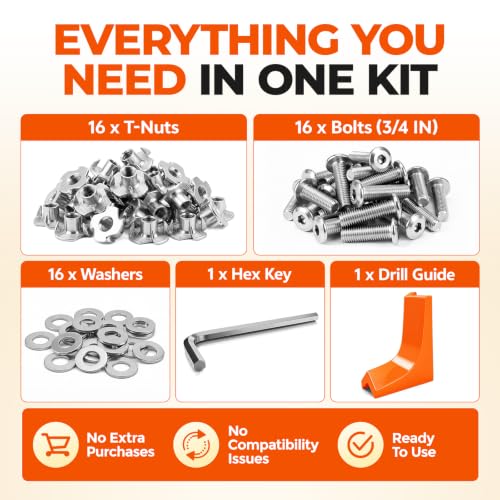 1/4"-20 T-Nut Kit with Bolts, 16 Sets 304 Stainless Steel 4-Prong T-Nuts