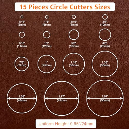 15 Pieces Leather Circle Cutter Tool Set, Hole Punch Tools with 5 6 8 10 11 12 16 20 22 25 30 35 40 45 50mm, High Carbon Steel Round Cutting Dies, Hole Punch Tool Kit for DIY Leather Crafts - size: 15 Sizes