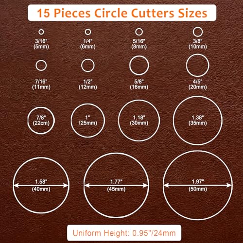 15 Pieces Leather Circle Cutter Tool Set, Hole Punch Tools with 5 6 8 10 11 12 16 20 22 25 30 35 40 45 50mm, High Carbon Steel Round Cutting Dies, Hole Punch Tool Kit for DIY Leather Crafts - size: 15 Sizes