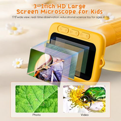 SKYBASIC Digital Microscope for Kids, 3" Screen 1000X Handheld Microscope HD Pocket Portable Microscopes Camera, Science Edu Fun Birthday Gifts Toys for Ages 4-12 Children Students Boys Girls -Yellow - color: 3"-Yellow