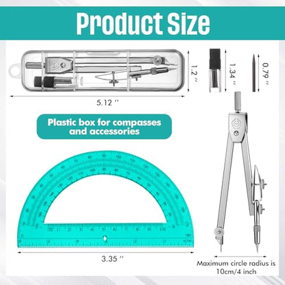 EBOOT Drawing Compass and 6 in Protractor Geometry Set, Turquoise - color: Turquoise