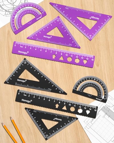 Honagu Triangular Ruler Set, 2 Sets/8 Pieces Aluminum Alloy Ruler, Metal Drafting Ruler, Geometric Protractor for Students, Draftsmen, Engineers, Home School Office Supplies(15cm/5.9inches, Red+Black) - color: Red & Black