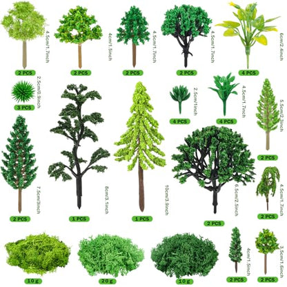 QUOZUO 36 Pcs Green Mixed Model Trees with 40g Moss, Diorama Trees Grass Mini Fake Miniature Trees Moss for Building Model, Model Train Scenery, Natural Green Landscape, Railroad Scenery