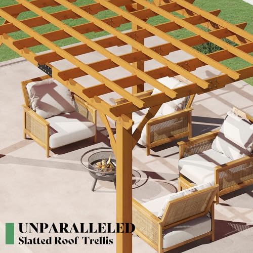 AMERLIFE 12x10 FT Outdoor Wooden Pergola, Large Solid Cedar Wood Pergola Kit with Slatted Roof Design, Heavy-Duty Frame for Backyard, Patio & Garden, Red-Brown Finish - size: 12x10 FT