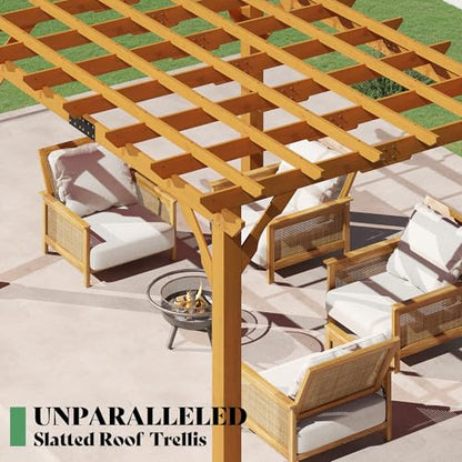 AMERLIFE 12x10 FT Outdoor Wooden Pergola, Large Solid Cedar Wood Pergola Kit with Slatted Roof Design, Heavy-Duty Frame for Backyard, Patio & Garden, Red-Brown Finish - size: 12x10 FT