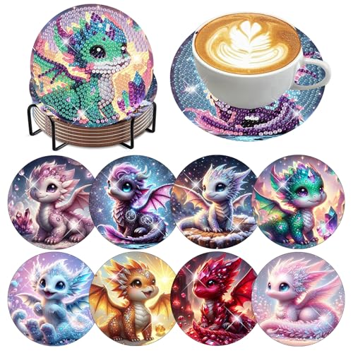 Xylogist 8 PCS Dragon Diamond Art Coasters for Adults with Holder 4X4 inch - color: Dragon Coasters