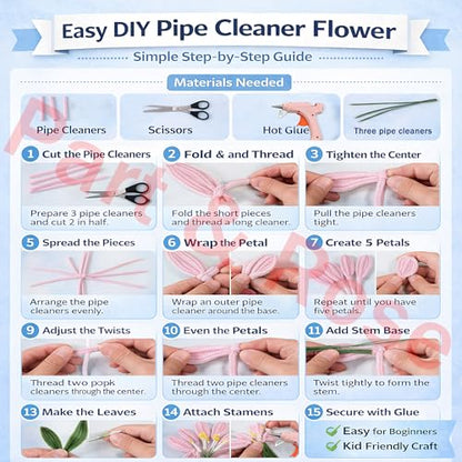 Party Rose 650PCS Pipe Cleaners Craft, Pipe Cleaner Bulk Flower Kit, 6 Colors Chenille Stems Flower Making Kit with Floral Wires, Gardening Tape, Stamens