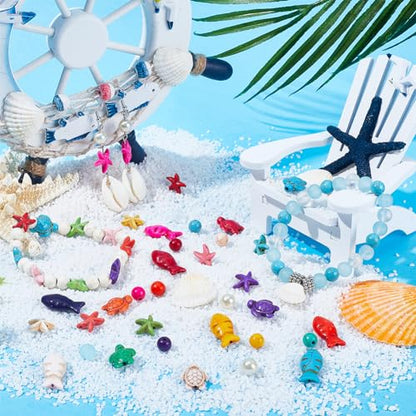 SUNNYCLUE 1 Box 200+Pcs Turtle Beads Starfish Beads Bulk Bohemian Style Natural Shell Charms Colorful Fish Charm Summer Ocean Sea Animal 8mm Round Glass Spacers for Jewelry Making Beading Kits - color: Boho Styles Beads Kit-2