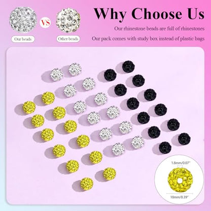 Dowarm 255PCS 10mm Rhinestone Beads for Baseball Rhinestone Necklace Bracelet Jewelry Making, Round Polymer Clay Beads for Crafts Beaded Pen, Shamballa Pave Disco Diamond Bead, Yellow|Black|White - color: 09-Yellow | Black | White