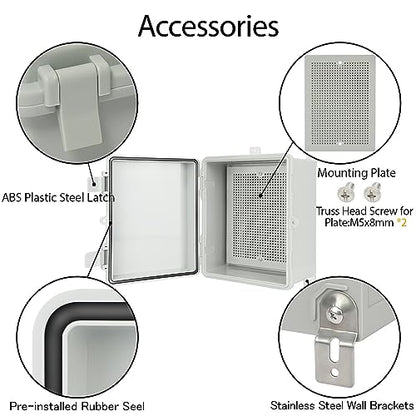 Junction Box IP65 Waterproof Electrical Box Outdoor ABS Plastic Project Box Hinged Shell Universal Enclosure Box with Mounting Plate, Wall Brackets, Cable Glands 8.7"x 6.7" x 4.3" - color: Grey, size: 8.7"x 6.7" x 4.3"