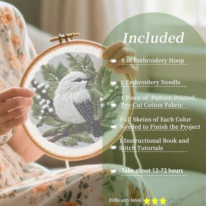 FONNUY Wild Birds Embroidery Kit, Pre-Stamped Green Tree Bird Patterns Kits for Adults and Beginners, Handmade DIY Crafts Set, Color Thread Needlework, 8'' Hoop (Snow Feather on Pine) - color: Snow Feather on Pine