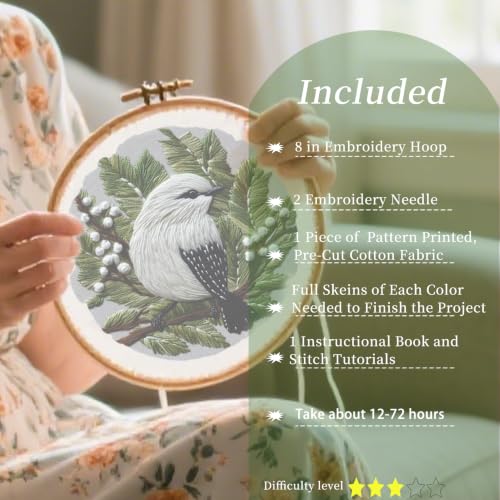 FONNUY Wild Birds Embroidery Kit, Pre-Stamped Green Tree Bird Patterns Kits for Adults and Beginners, Handmade DIY Crafts Set, Color Thread Needlework, 8'' Hoop (Snow Feather on Pine) - color: Snow Feather on Pine