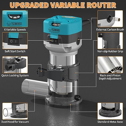 TWOWIN Router Tool, 6.5 Amp 1.25 HP Hand held Wood Router Tool - color: Deep Blue and Black
