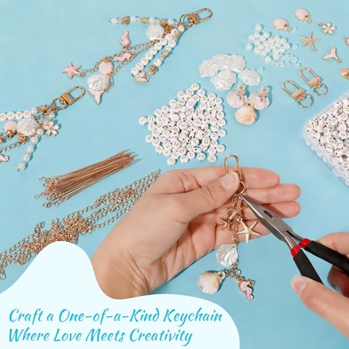 776PCS Ocean Keychain Making Kit with Charms DIY Key Chain Kit for Beginners Seashell Starfish Pearl Letter Name Beads Custom Keychains with Tools Crafting and Jewelry Making for Adults Gift for Women