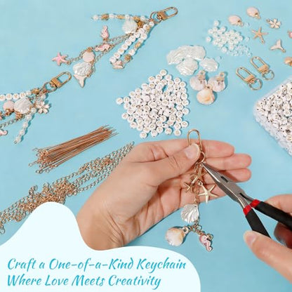 776PCS Ocean Keychain Making Kit with Charms DIY Key Chain Kit for Beginners Seashell Starfish Pearl Letter Name Beads Custom Keychains with Tools Crafting and Jewelry Making for Adults Gift for Women