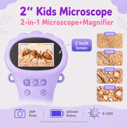 1000X Microscope for Kids, 2'' Screen Kids Wonder Quest Microscope Camera, Digital Handheld Microscope, Educational Kids Magnifying Glass, Christmas Birthday Gifts for Age 3 4 5 6 7 8 9 10- Purple - color: Purple