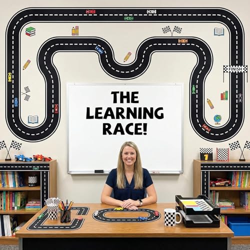 6 Pcs Christmas Race Party Decorations 39"x4" Racetrack Felt Roadway Mat for Cars with Double-Sided Tape, Christmas Village Road for Wall Floor Decoration, Car Themed Birthday Decor - style: Curved