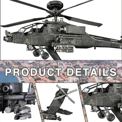 Piececool 3D Metal Model Kits, Military Helicopter Airplane Models Building Kits for Adults and Teens Men Hobbies DIY Brain Teaser Puzzles, Great Birthday Gifts, 145 Pcs - style: AH-64 Apache