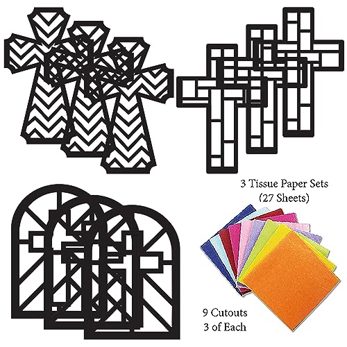 VHALE Suncatchers Craft 3 Sets (9 Cutouts) w Tissue Papers Stained Glass Effect Paper Sun Catcher Kit, Window Art, Classroom Crafts, Creative Art Projects, Kids Party Favors (Cross) - style: Cross