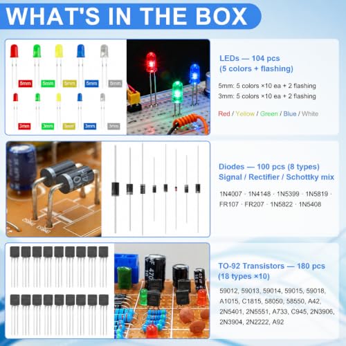 1530Pcs Electronics Component Kit – Electronics Lab Starter Set 830-Tie Breadboard, Metal-Film Resistors, Ceramic & Electrolytic Capacitors, LEDs, Diodes, Transistors, Dupont & Jumper Wires