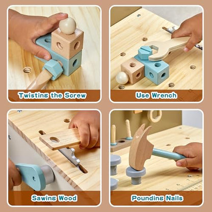 Kids Tool Set,Wooden Tools Bench with Apron Toddler Toy Workbench with Realistic Tools Electric Drill STEM Construction Toy Gifts for Age 3-9 Boys Girls - style: Wooden Tool Bench