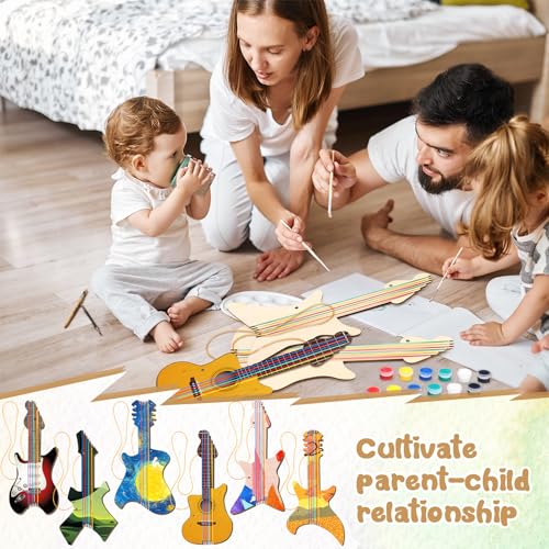 Syhood 36 Pcs 18 Sets DIY Wood Guitar (6 Difference Designs) with Pigments (6 Colors), DIY Wood Instruments Gift for Crafts Art Birthday Music Theme Party(Trendy Style) - style: Trendy Style