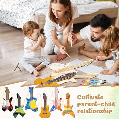 Syhood 36 Pcs 18 Sets DIY Wood Guitar (6 Difference Designs) with Pigments (6 Colors), DIY Wood Instruments Gift for Crafts Art Birthday Music Theme Party(Trendy Style) - style: Trendy Style