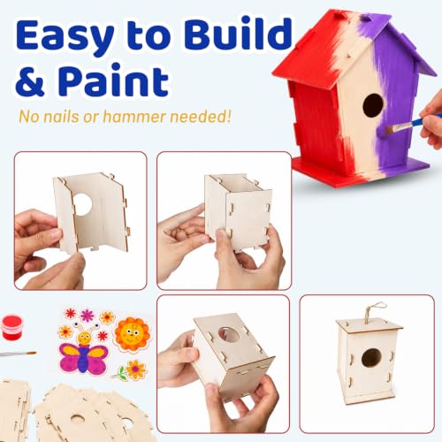 Neliblu DIY 12 Wooden Bird House Kits - Creative Arts and Crafts Set for Adults - Unfinished Wood Birdhouses with Paint Strips, Brushes, Stickers and Strings - 3 Unique Shapes, 2 Sizes
