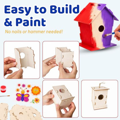 Neliblu DIY 12 Wooden Bird House Kits - Creative Arts and Crafts Set for Adults - Unfinished Wood Birdhouses with Paint Strips, Brushes, Stickers and Strings - 3 Unique Shapes, 2 Sizes