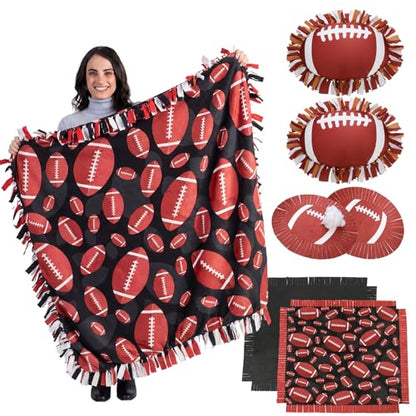 Vicenpal Set of 3 Football Tie Blanket & Pillows Craft Kit 57 Inch No Sew Fleece Blanket Kit Football Gifts Throw Crafts Tie Knot Quilt Squares Fabric Sports Ball Theme Decorations for Party - style: Football