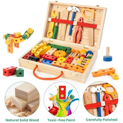 WOOOMAM Kids Tool Set, 90 PCS Wooden Toddler Tool Set with Box and Flash Cards, Tool Kit for Kids Age 3-5 Years, Toddler Boy Toys, FSC Certified Material - style: Deluxet