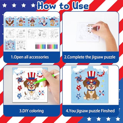 Fennoral 24 Pack DIY Coloring 4th of July Jigsaw Puzzle Craft Kit for Kids - color: 4th of July Animals