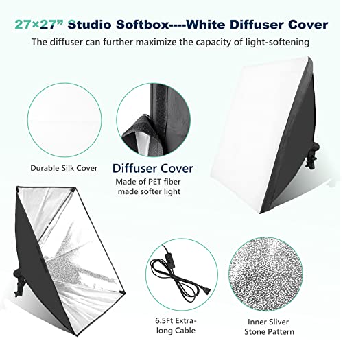 Torjim Softbox Photography Lighting Kit, 2Pcs 27" x 27" Professional Soft Box | 3000K-7500K 85W LED Bulbs with Remote, Photography Continuous Lighting Kit for Studio Lights, Portrait, Video Recording - size: 27"+ 2Pcs