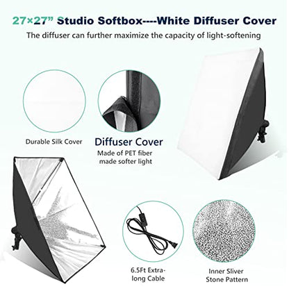 Torjim Softbox Photography Lighting Kit, 2Pcs 27" x 27" Professional Soft Box | 3000K-7500K 85W LED Bulbs with Remote, Photography Continuous Lighting Kit for Studio Lights, Portrait, Video Recording - size: 27"+ 2Pcs