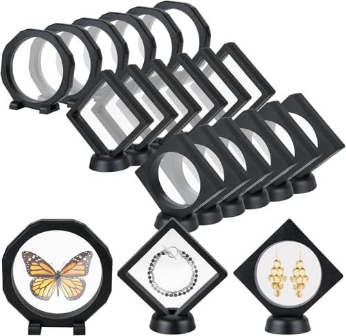 3D Floating Display Case, Transparent Film Jewely Storage Box, Black Challenge Coin Display Holder Stand for Antique Challenge Coins Medals Jewelry Shells Gems Minerals Rocks Specimen Pins (18Pcs) - color: 18pcs